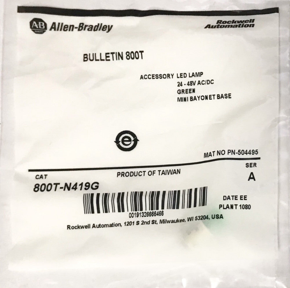 ALLEN BRADLEY 800T N419G 24-48 VAC VDC Green LED Lamp Bulb