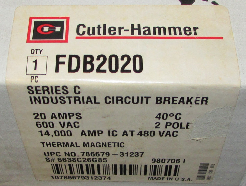 CUTLER HAMMER Type FDB Circuit Breaker 2 Pole 20 Amp FDB2020