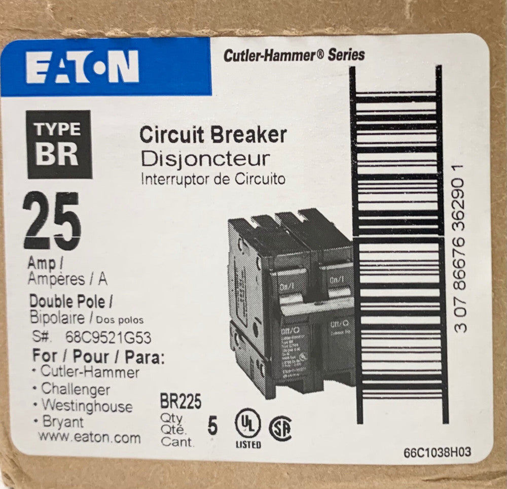 EATON CUTLER HAMMER BR225 C225 2 Pole 25 AMP Type BR Circuit Breaker 
