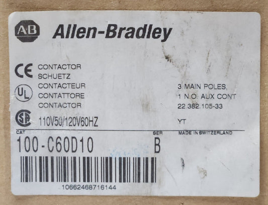 ALLEN BRADLEY 100 C60D10 3 Pole 60 AMP C60 Contactor 120 VAC 100-C60D10