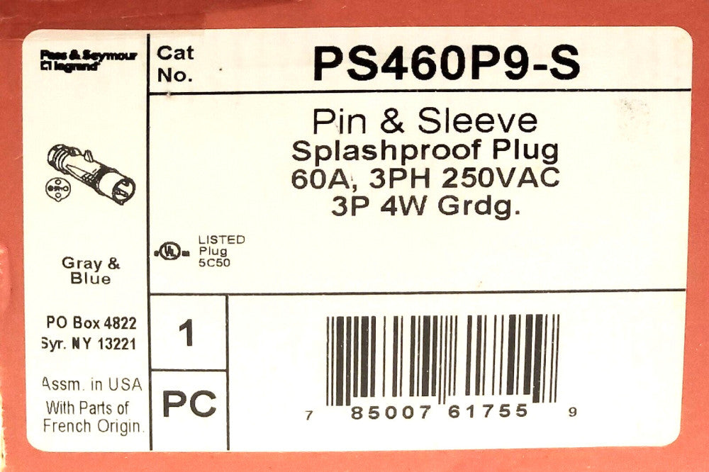 PASS SEYMOUR LEGRAND PS460P9 S Pin Sleeve Splashproof Plug 60 AMP 250 VAC 3Phase