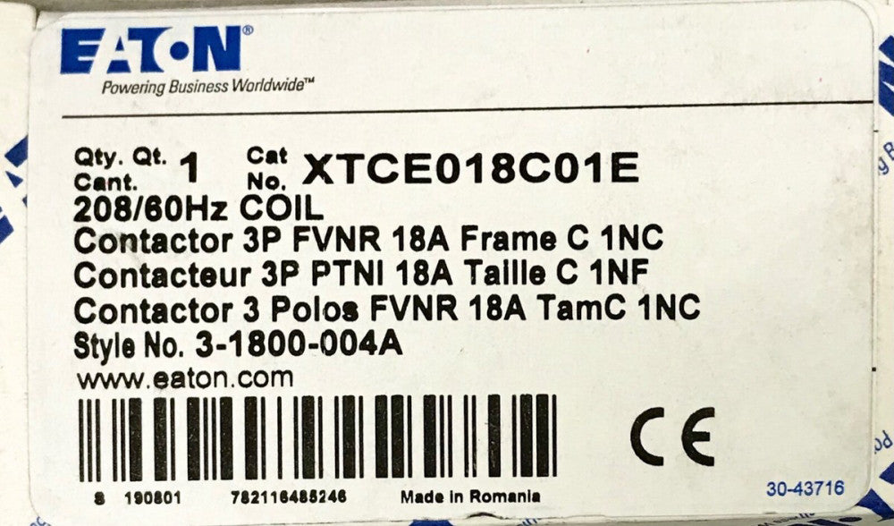 EATON MOELLER XTCE018C01E 208 VAC 3 Pole 18 AMP Contactor