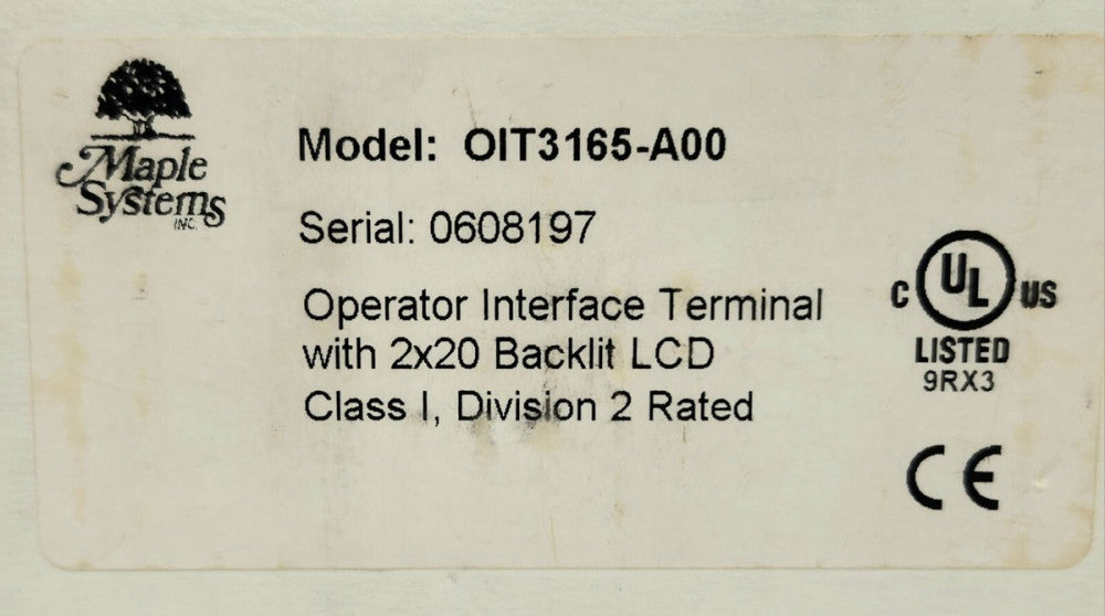 MAPLE SYSTEMS OIT3165 A00 Operator Interface Terminal 2x20 Backlit LCD