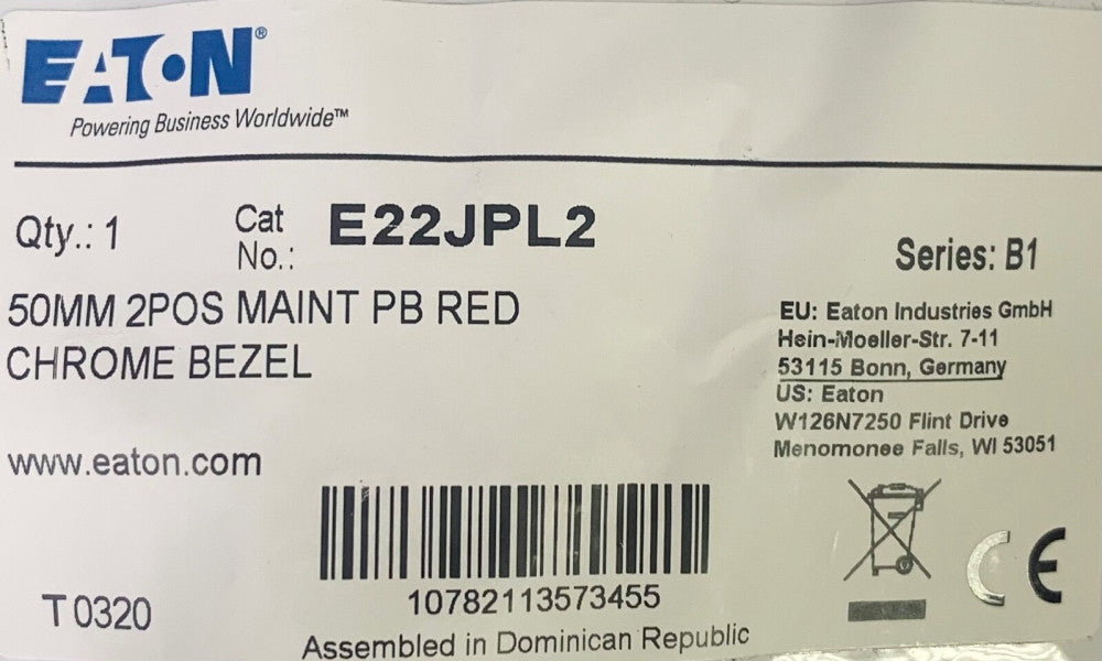 EATON CULTER HAMMER E22JPL2 50 mm Red Pushbutton 2 Position Maintained 