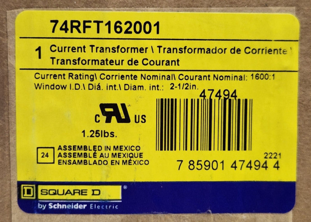 SQUARE D 74RFT162001 CT Current Transformer 1600:1 Ratio 600 VAC 10 KV