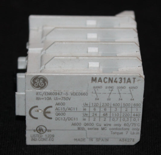 GENERAL ELECTRIC GE MACN431AT 3 NO 1 NC Top Mount Auxiliary Contact
