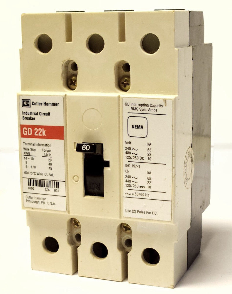 EATON CUTLER HAMMER GD3060 3 Pole 60 AMP Type GD Circuit Breaker