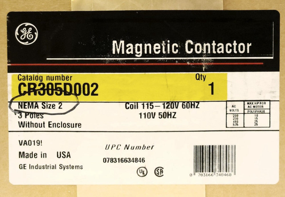 GENERAL ELECTRIC CR305D003 Size 2 110 120 VAC Magnetic Contactor 45 AMP