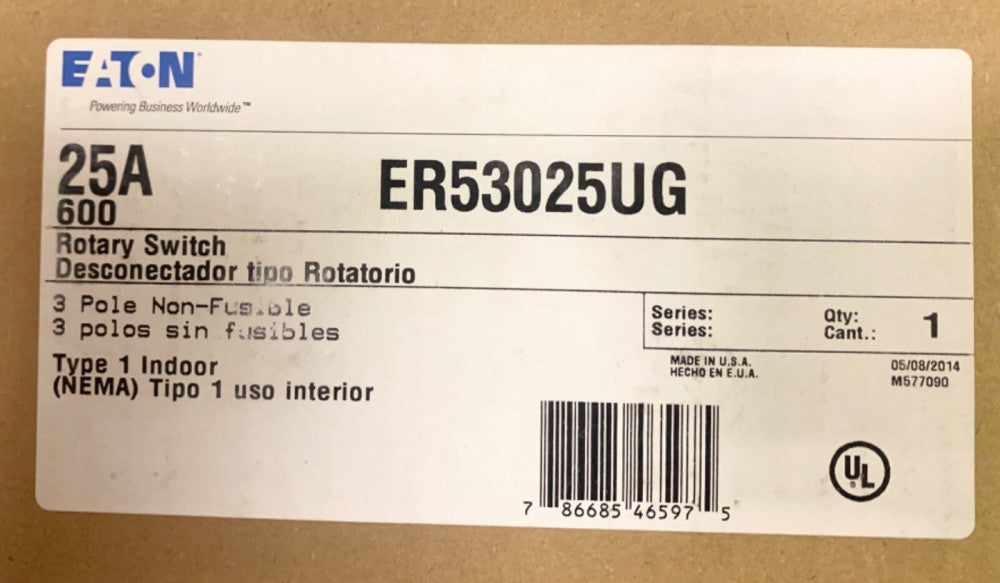 EATON CUTLER HAMMER ER53025UG 25 AMP 600 VAC Rotary Switch 3 Pole Non Fusible 