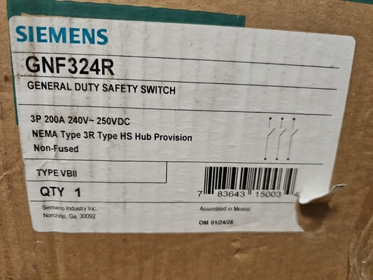 Siemens 200 Amp Non-Fused Safety Disconnect Switch 3 Pole 240VAC/DC 3R GNF324R
