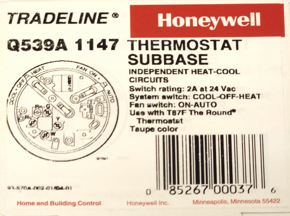 HONEYWELL Q539A 1147 Thermostat Subbase 24 VAC For T87F Heat and Cool