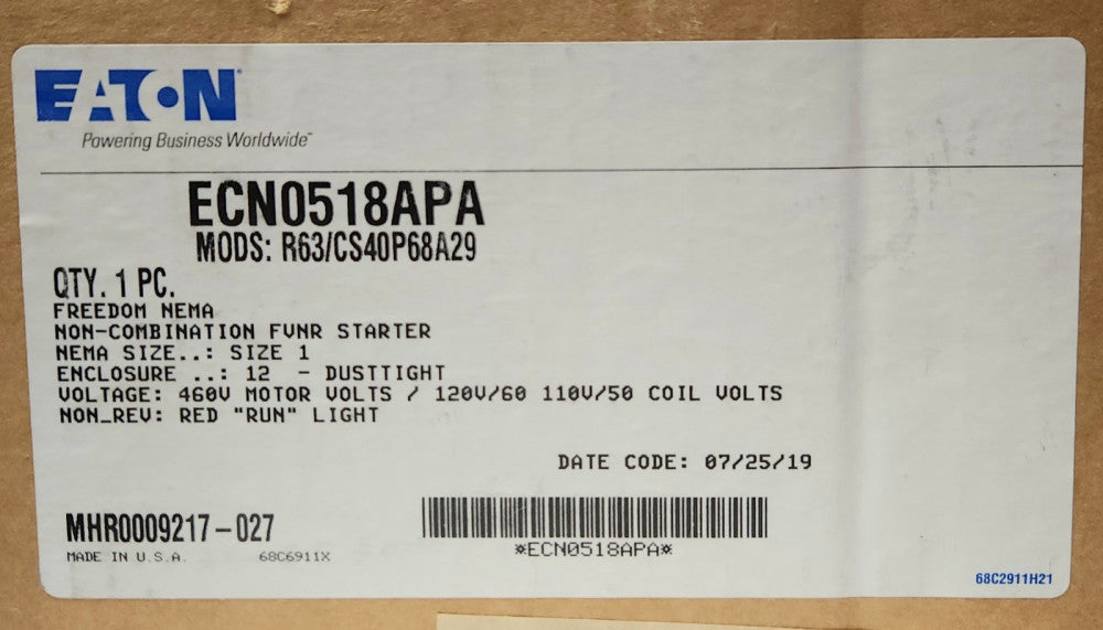 EATON ECN0518APA Size 1 AN19DN0 Starter 120 VAC Coil Nema 12 Enclosure 4-20 AMP