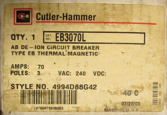 CUTLER HAMMER WESTINGHOUSE EB3070L 3P 70A Type EB Breaker Line Load Lugs EB3070