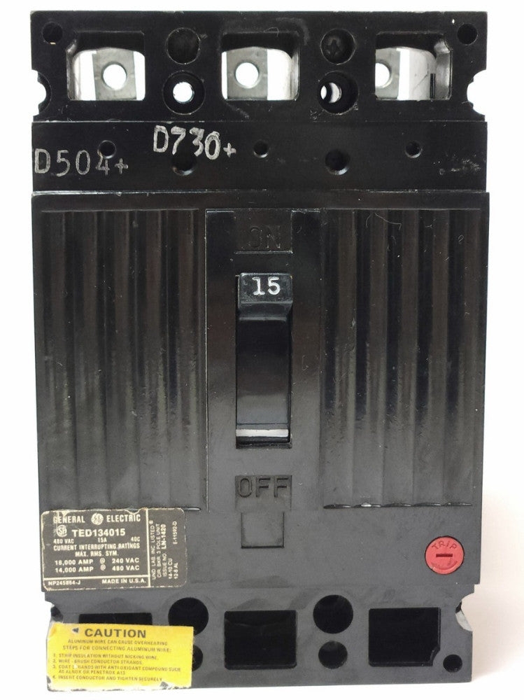 GENERAL ELECTRIC TED134015 3 Pole 15 AMP Type TED Circuit Breaker 480 VAC