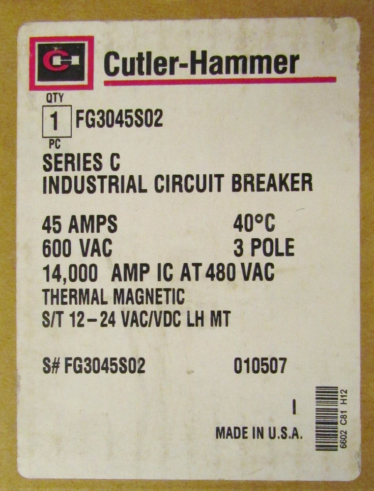 Eaton Cutler Hammer FG3045S02 Type FG Generator Breaker 45 Amp 3 Pole FG3045 S02