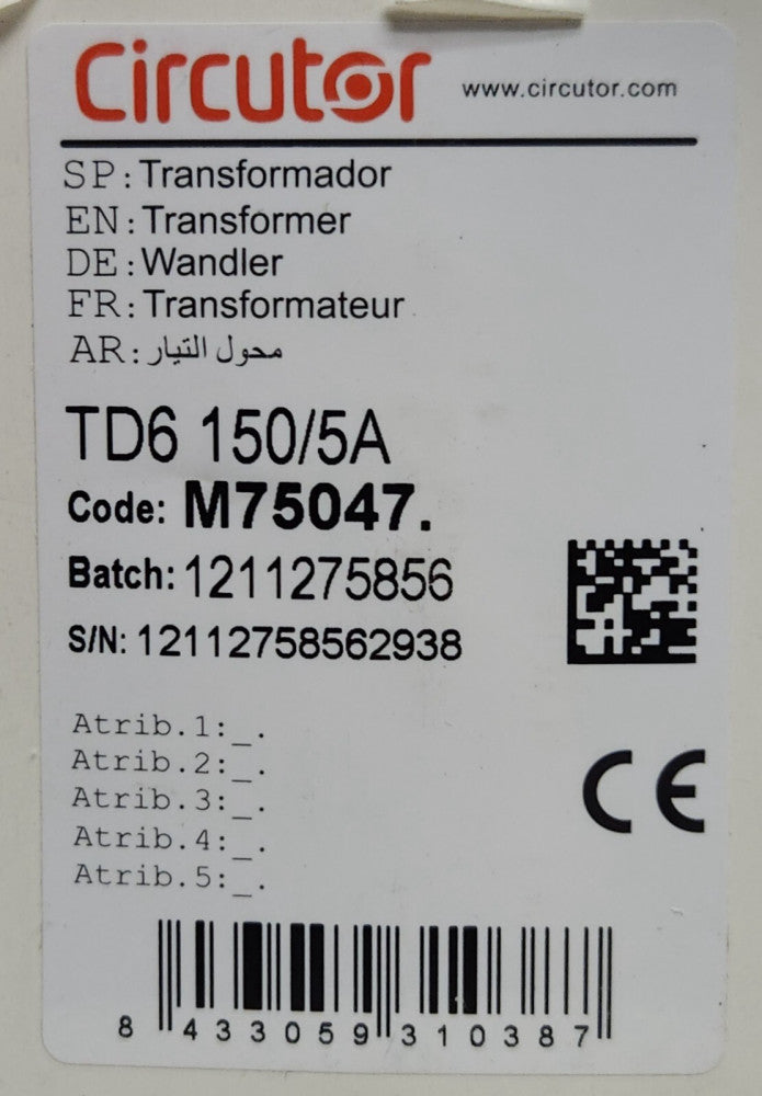 CIRCUTOR P2 TD6 150/5A M75047 FS5 TRANSFORMER