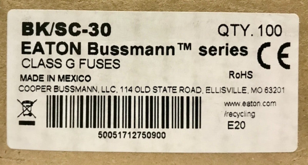 BOX OF 100 EATON BUSSMANN BK/SC-30 480VAC 30AMP 300VDC BK SC-30 Fuse Time Delay