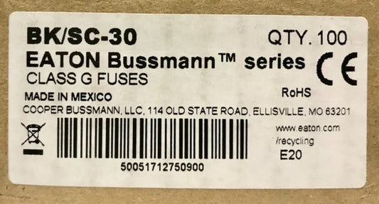 BOX OF 100 EATON BUSSMANN BK/SC-30 480VAC 30AMP 300VDC BK SC-30 Fuse Time Delay