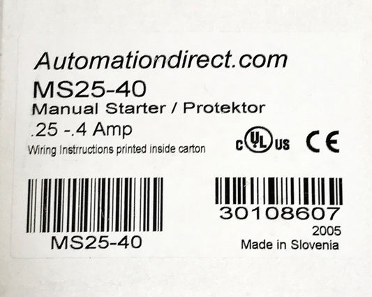 AUTOMATION DIRECT MS25-40 Manual Starter Circuit Protection .25-.4 AMP