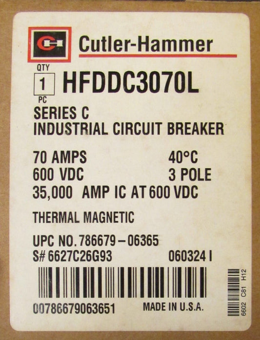 EATON CUTLER HAMMER HFDDC3070L HFD-DC Circuit Breaker HFDDC3070 Line Load Lugs 