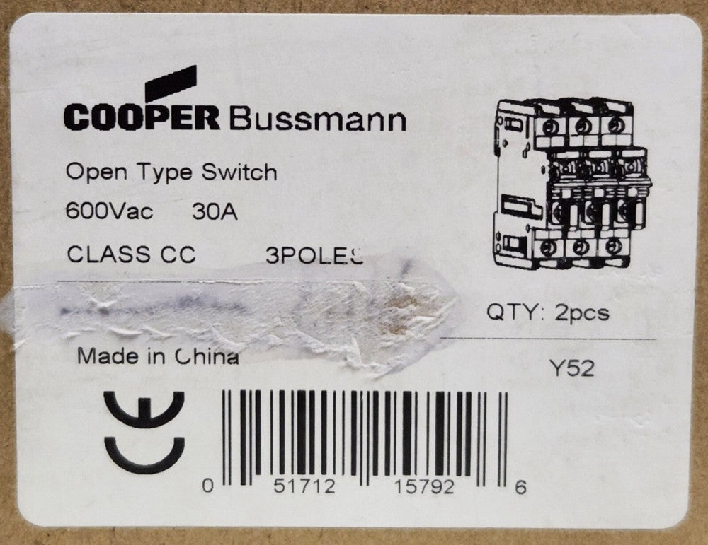 BOX OF 2 COOPER BUSSMANN CHCC3DU Series CHCC 30 AMP 600 VAC Class CC Fuse Holder