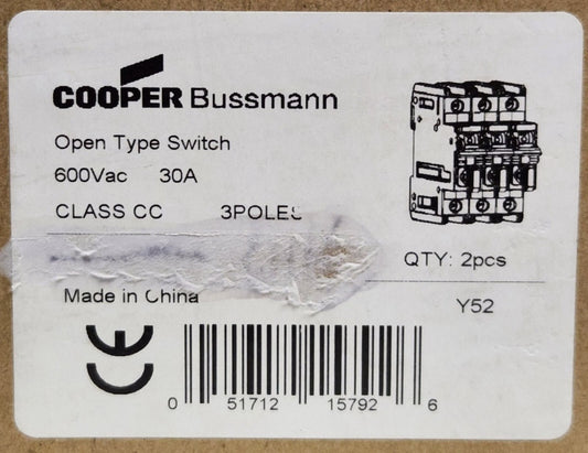 BOX OF 2 COOPER BUSSMANN CHCC3DU Series CHCC 30 AMP 600 VAC Class CC Fuse Holder