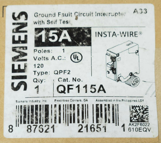 SIEMENS Single Pole 15 AMP Type QPF2 Ground Fault Circuit Breaker Self Test