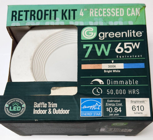 RETROFIT KIT GREENLITE 4" Recessed Can BRITE WHITE Dimmable LED 7W 65W 610 Lumen