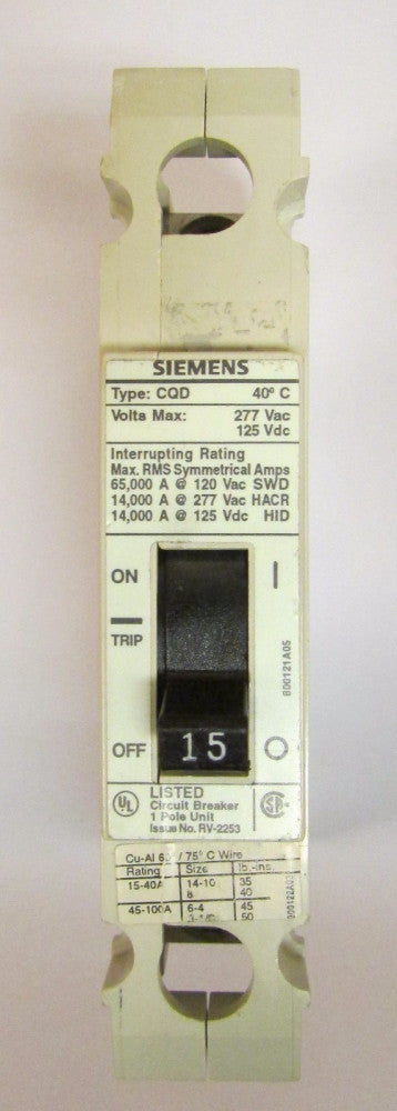 SIEMENS CQD115 Single Pole 15 Amp Type CQD Circuit Breaker
