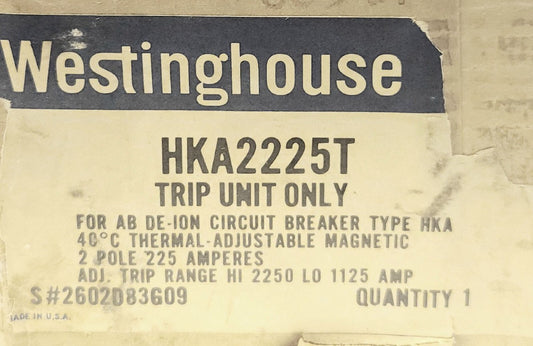 WESTINGHOUSE CUTLER HAMMER HKA2225T 2 Pole 225 AMP Type HKA KA TRIP Unit 2602D83
