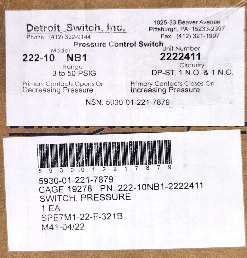 DETROIT SWITCH 222-10 NB1 Pressure Control Switch 2222411 DP-ST 1 NO 1 NC 3-50