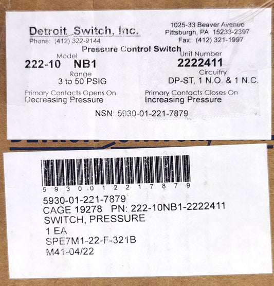 DETROIT SWITCH 222-10 NB1 Pressure Control Switch 2222411 DP-ST 1 NO 1 NC 3-50