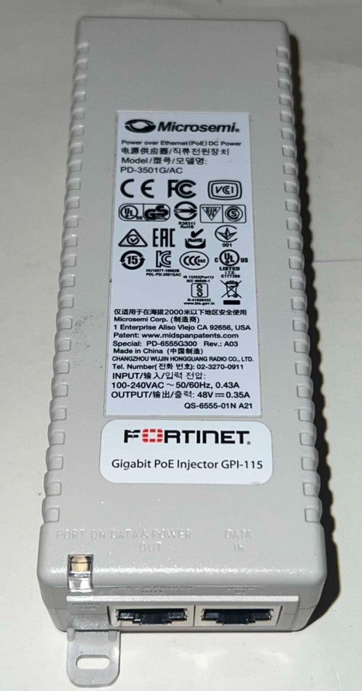 MICROSEMI FORTINET PD 3501G AC  Power Over Ethernet POE Gigabet Injector GPI 115