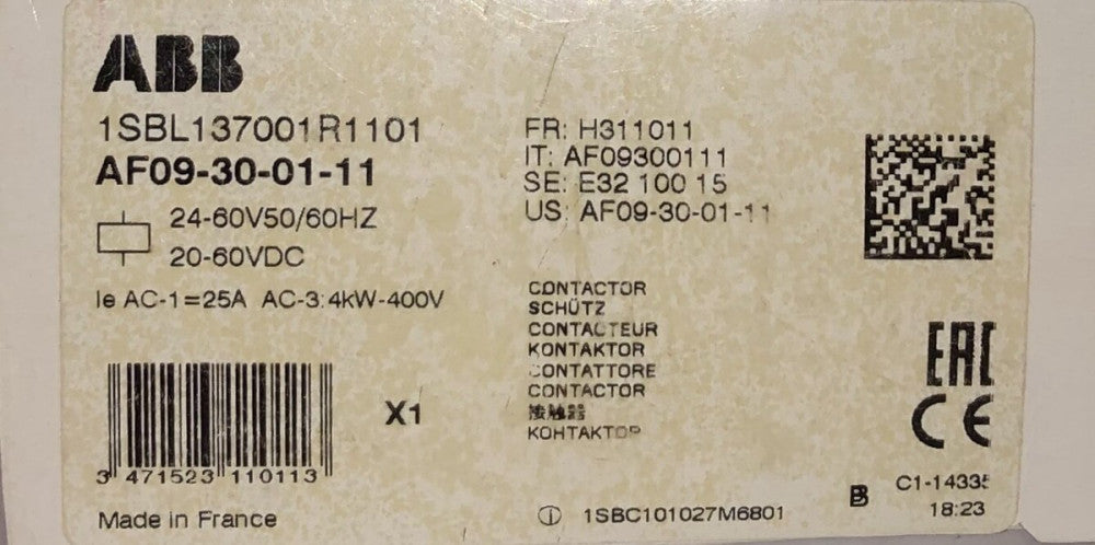 ABB AF09 30 01 11 20-60VDC Contactor 3 Pole 1SBL137001R1101