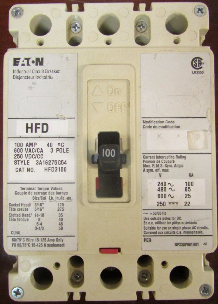 EATON CUTLER HAMMER HFD Breaker 100 AMP 3 POLE HFD3100 (French Canadian Label)