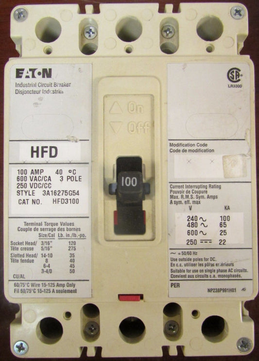 EATON CUTLER HAMMER HFD Breaker 100 AMP 3 POLE HFD3100 (French Canadian Label)