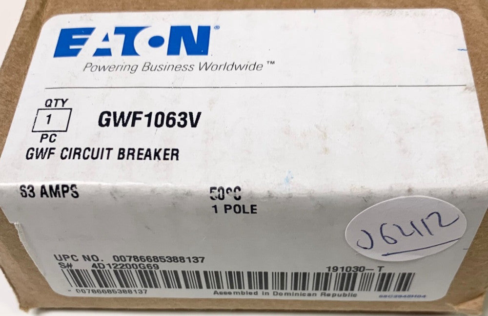 EATON CUTLER HAMMER GWF1063V 63 1 Pole Type GWF Circuit Breaker 50° 