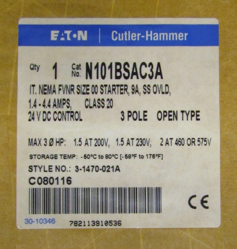 EATON CUTLER HAMMER N101BSAC3A Size 00 IT FVNR Starter 9 Amp 3 Pole 3 1470 021A