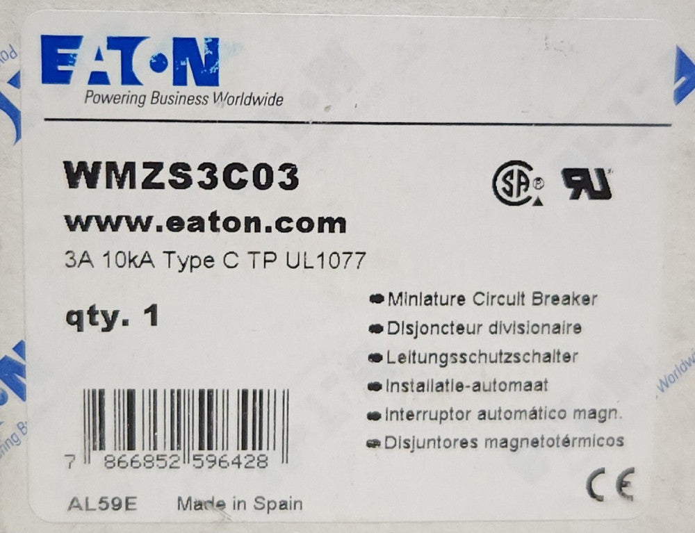 EATON MOELLER WMZS3C03 3 Pole 3 AMP 277/480 VAC Din Rail Type C Miniature