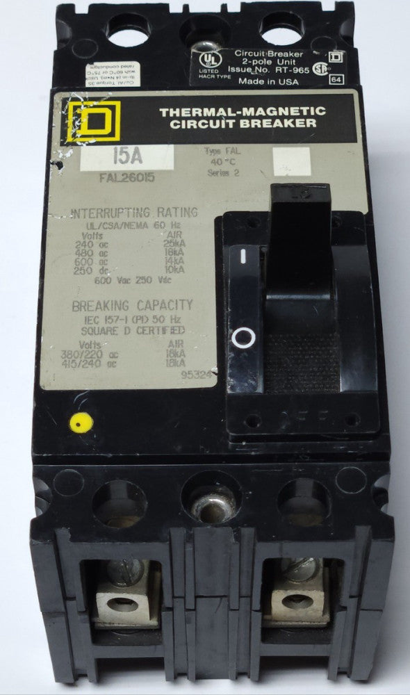 SQUARE D FAL26015 2 Pole 15 AMP Type FAL Circuit Breaker 600 VAC Rated