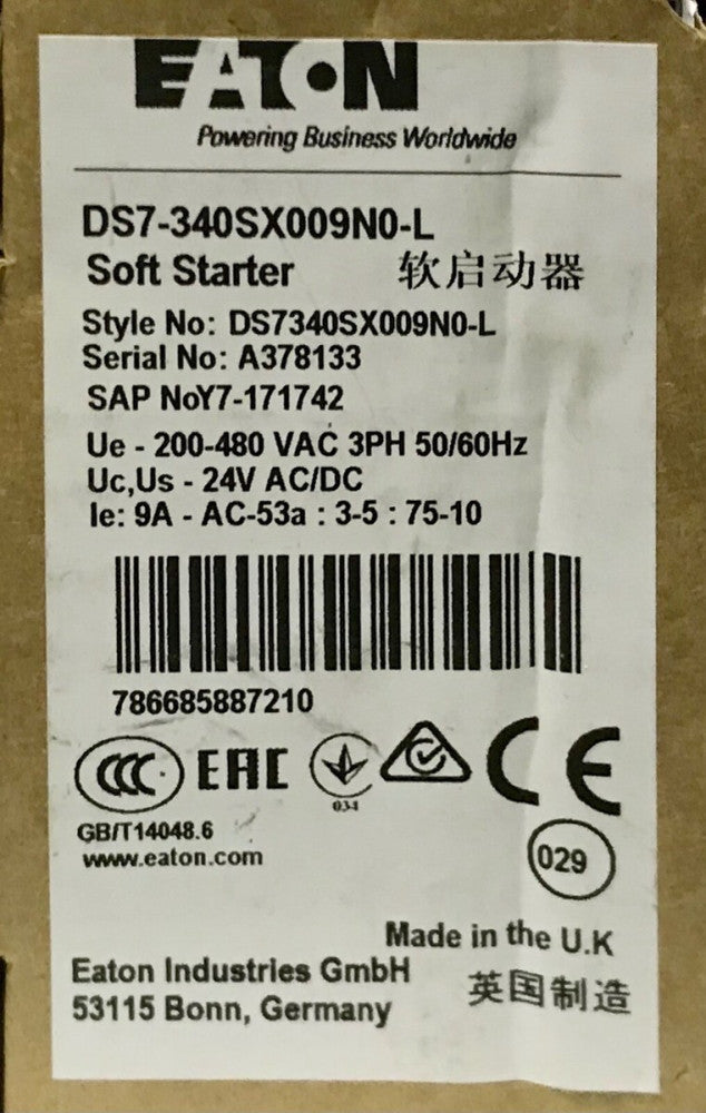 EATON DS7 340SX009N0 L 1.5-4HP Soft Starter 200-480 VAC 24 VAC VDC