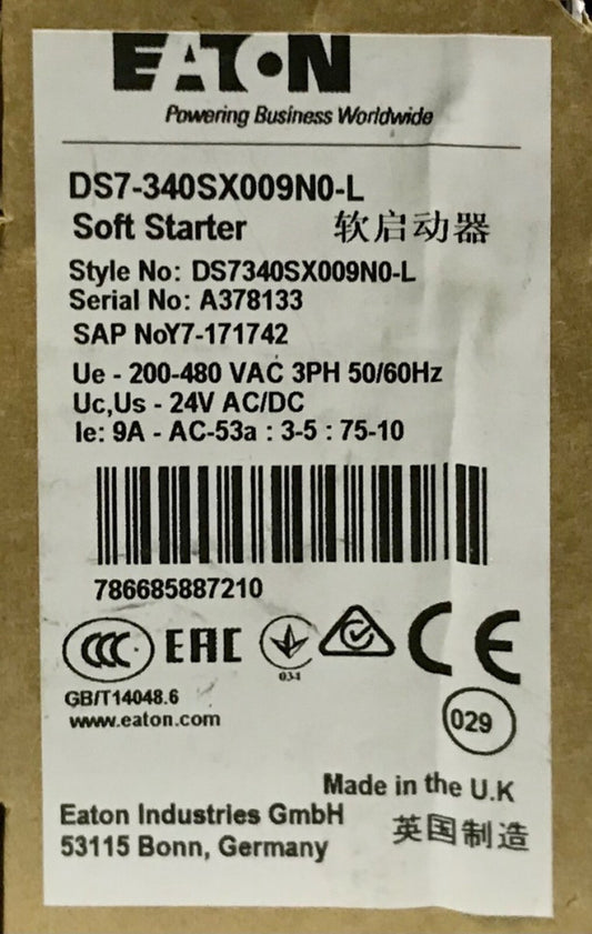 EATON DS7 340SX009N0 L 1.5-4HP Soft Starter 200-480 VAC 24 VAC VDC