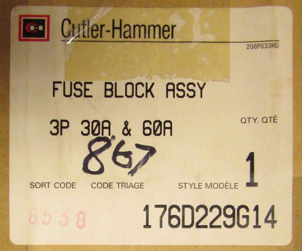 CUTLER HAMMER 3 Pole 30-60 Amp Fuse Block Assembly 176D229G14