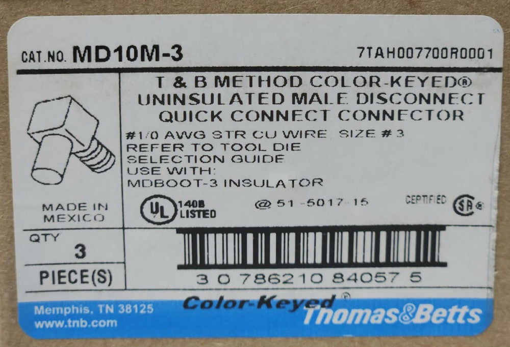 BOX OF 3 THOMAS & BETTS T&B MD10M-3 BLACKBURN CU COPPER CRIMP ON MOTOR CONNECT