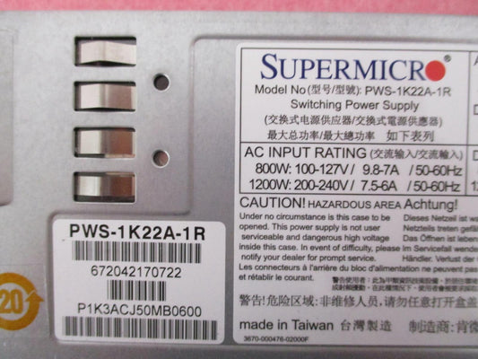 SUPER MICRO PWS-1K22A-1R 1200W 80 PLUS PLATINUM SWITCHING POWER SUPPLY