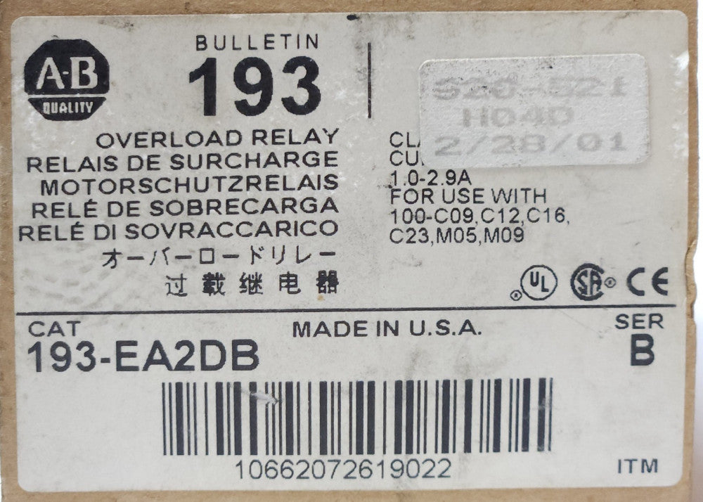 ALLEN BRADLEY 193 EA2DB 1.0-2.9 AMP E1 PLUS Electronic Overload Relay Type EA