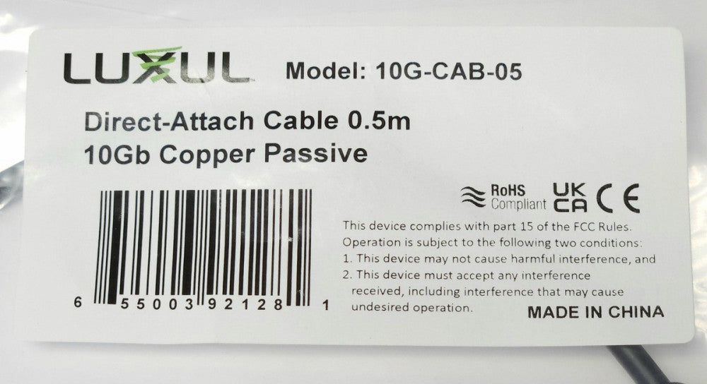LUXUL MODEL 10G CAB 05 Direct Attach Cable 0.5m 10Gb Copper Passive