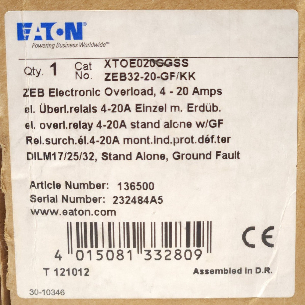 EATON XTOE020CGSS ZEB 4-20 AMP Electronic Overload Relay ZEB32-30-GF/KK