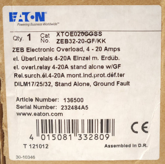 EATON XTOE020CGSS ZEB 4-20 AMP Electronic Overload Relay ZEB32-30-GF/KK