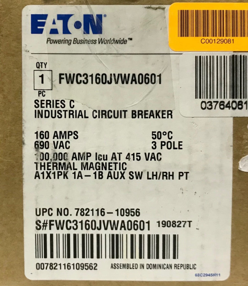 EATON FWC3160JVWA0601 160 AMP 690 VAC Type FWC 100K Circuit Breaker 50º 1A 1B